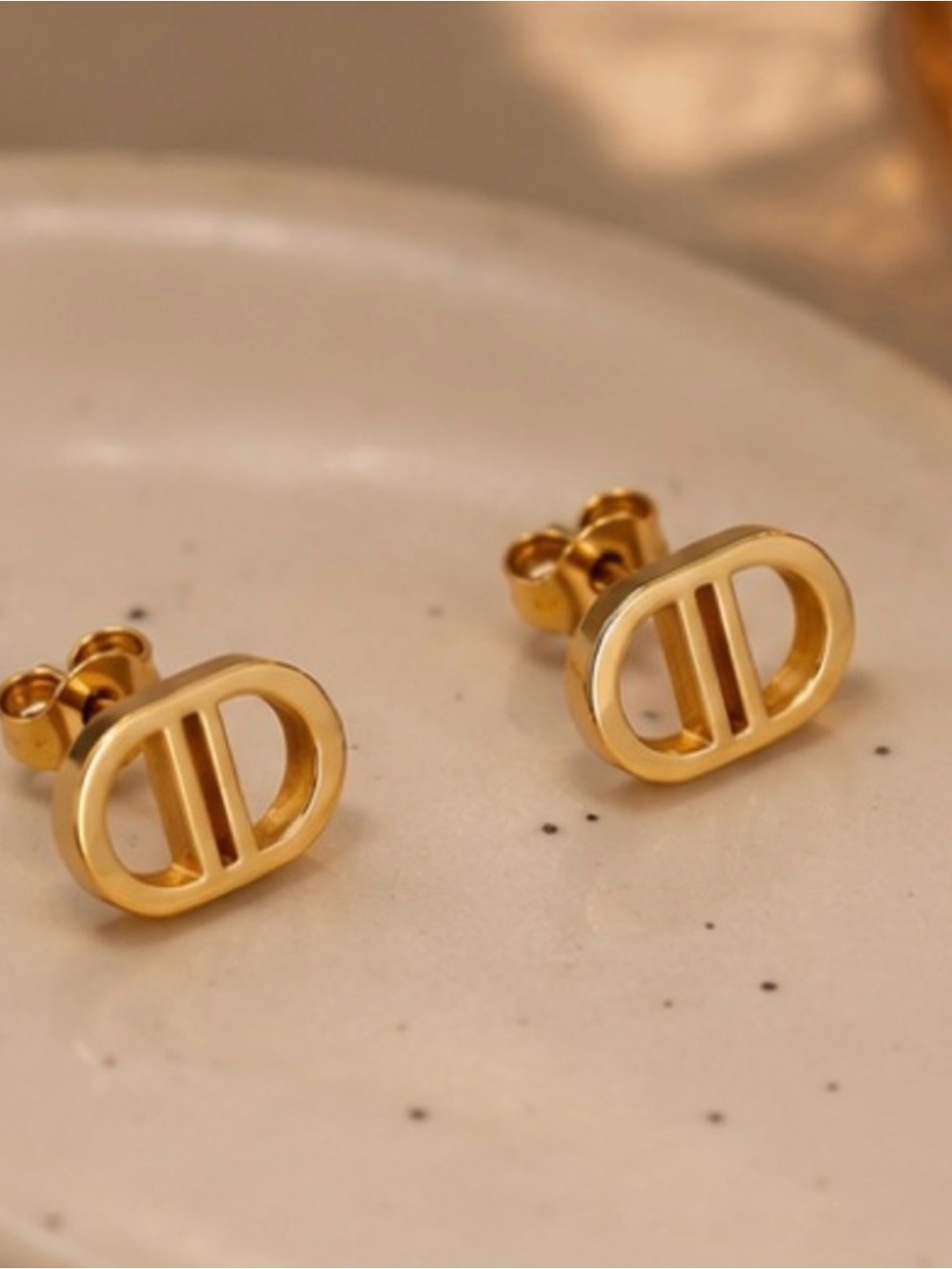 Designer Inspired Gold Oval Double-D Stud Earrings - Women Jewelry